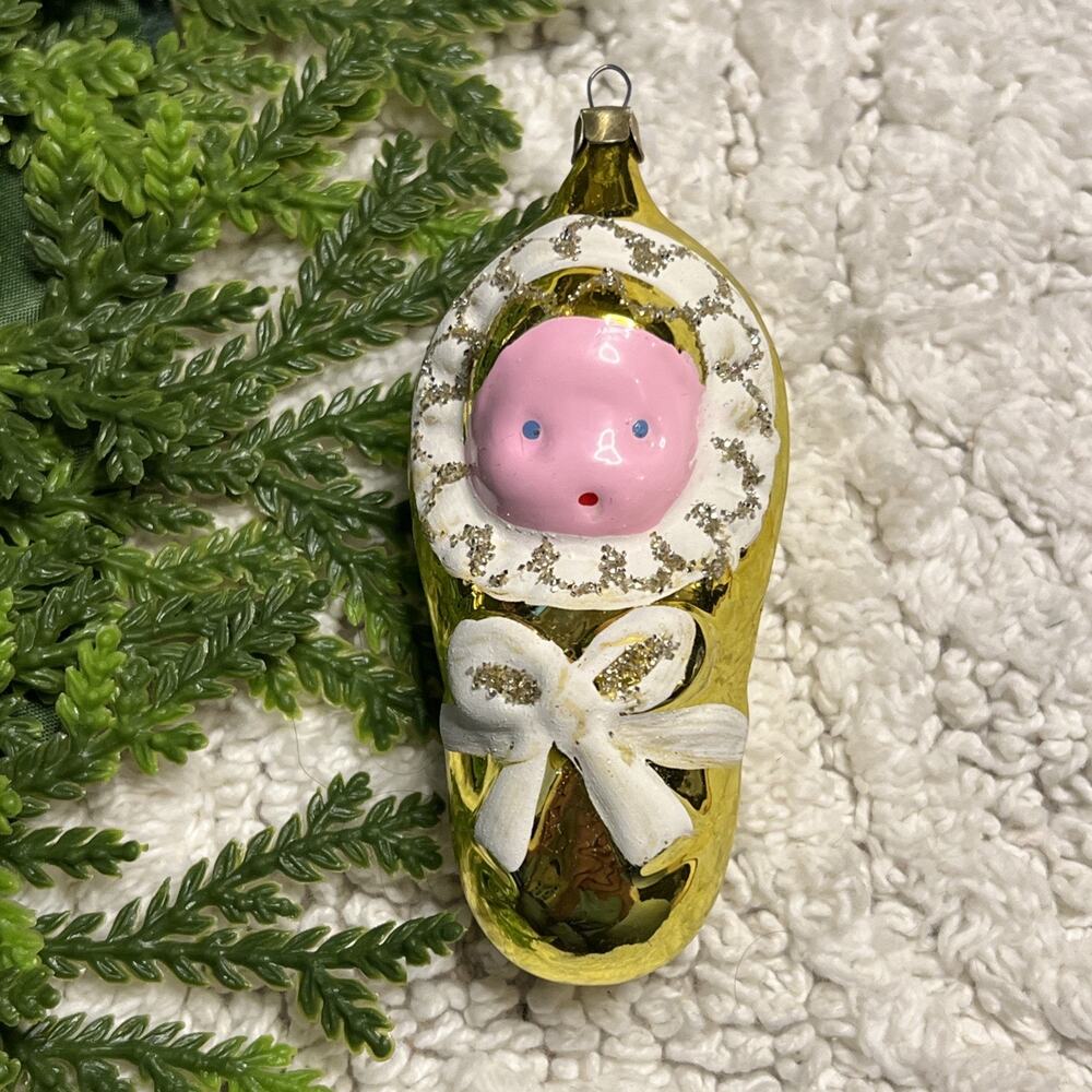 Vintage Hand Blown Glass Baby Swaddled in Blanket Bow Gold Christmas Ornament
